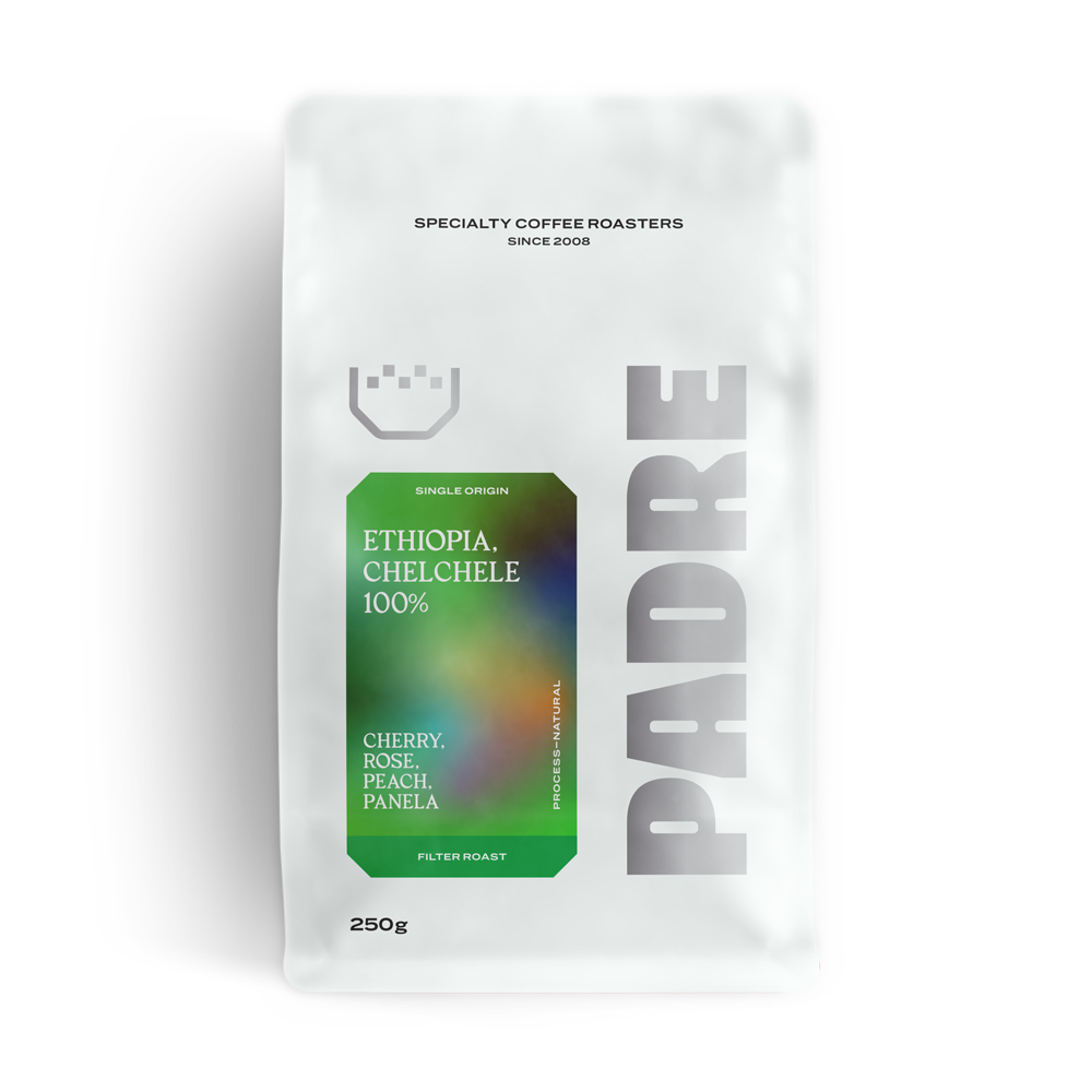 A 250g bag of Padre Ethiopia, Chelchele 100% filter roast coffee, featuring a white stand-up pouch with a green label and gray branding on a white background.